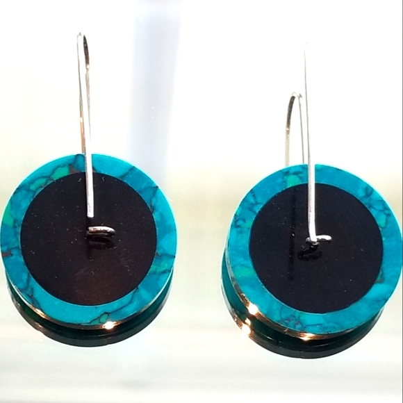 Victoria Varga Spinning Pinwheel Silver, Turquoisr & Black Hanging Earrings - Picture 3 of 9